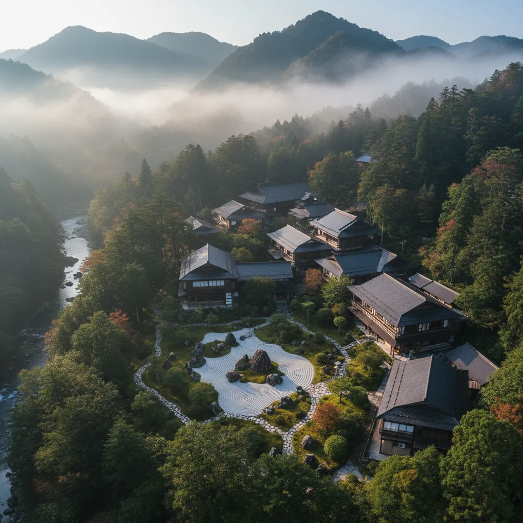 Aerial view of Kumonoue ryokan surrounded by forest