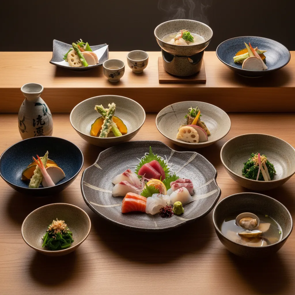Multi-course kaiseki dinner with seasonal dishes and sake