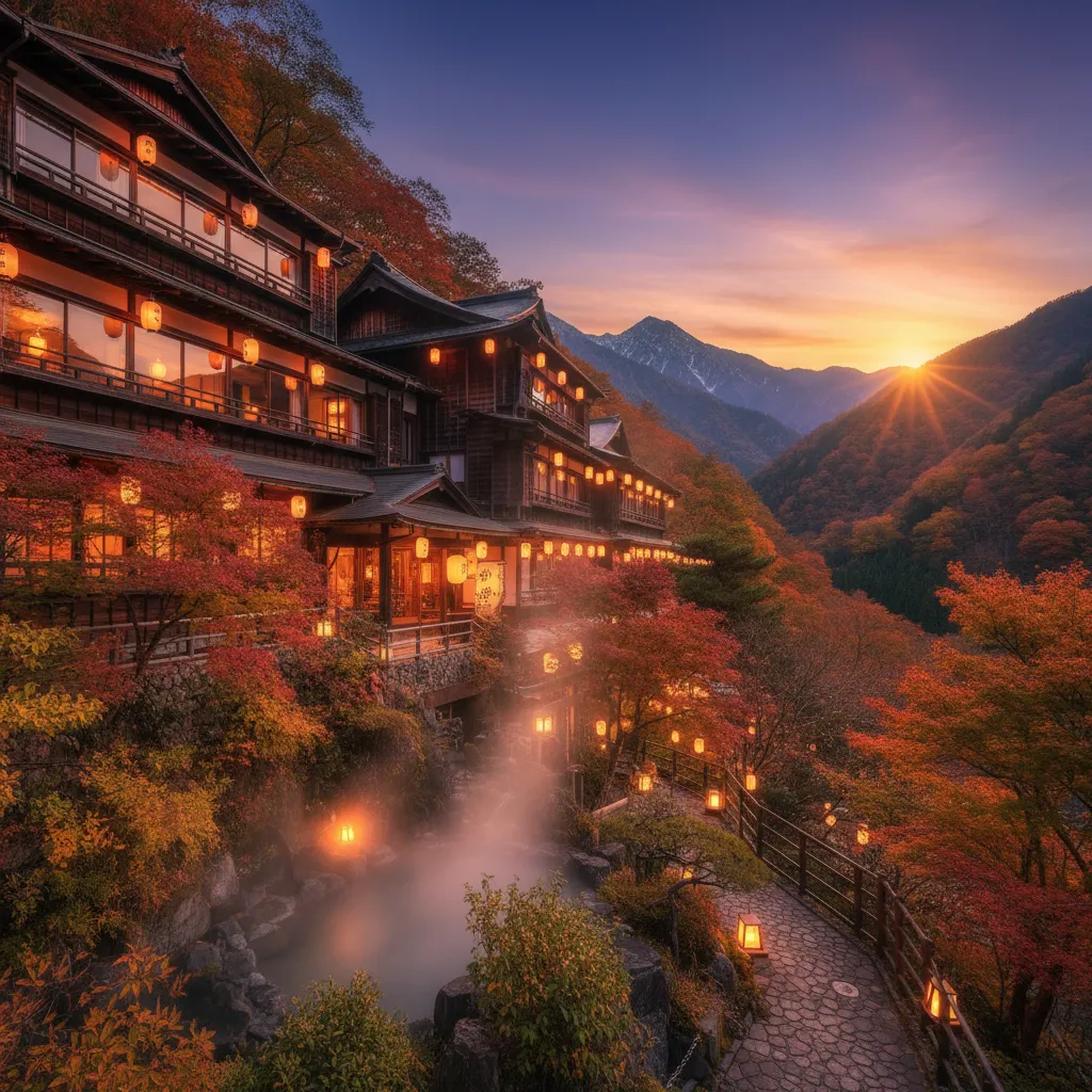 Kumonoue ryokan nestled in Tohoku mountains at golden hour