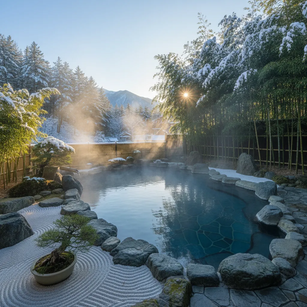 Outdoor onsen hot spring surrounded by bamboo and snow-dusted rocks