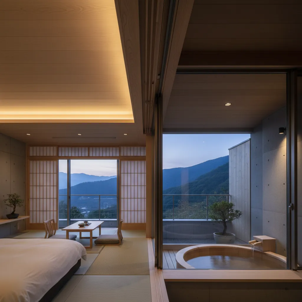 Tsukimi Premier room with private open-air bath and mountain panorama
