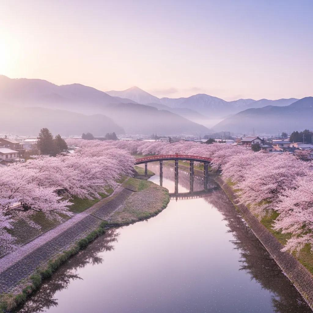 Cherry blossoms along a river with mountains in Tohoku spring