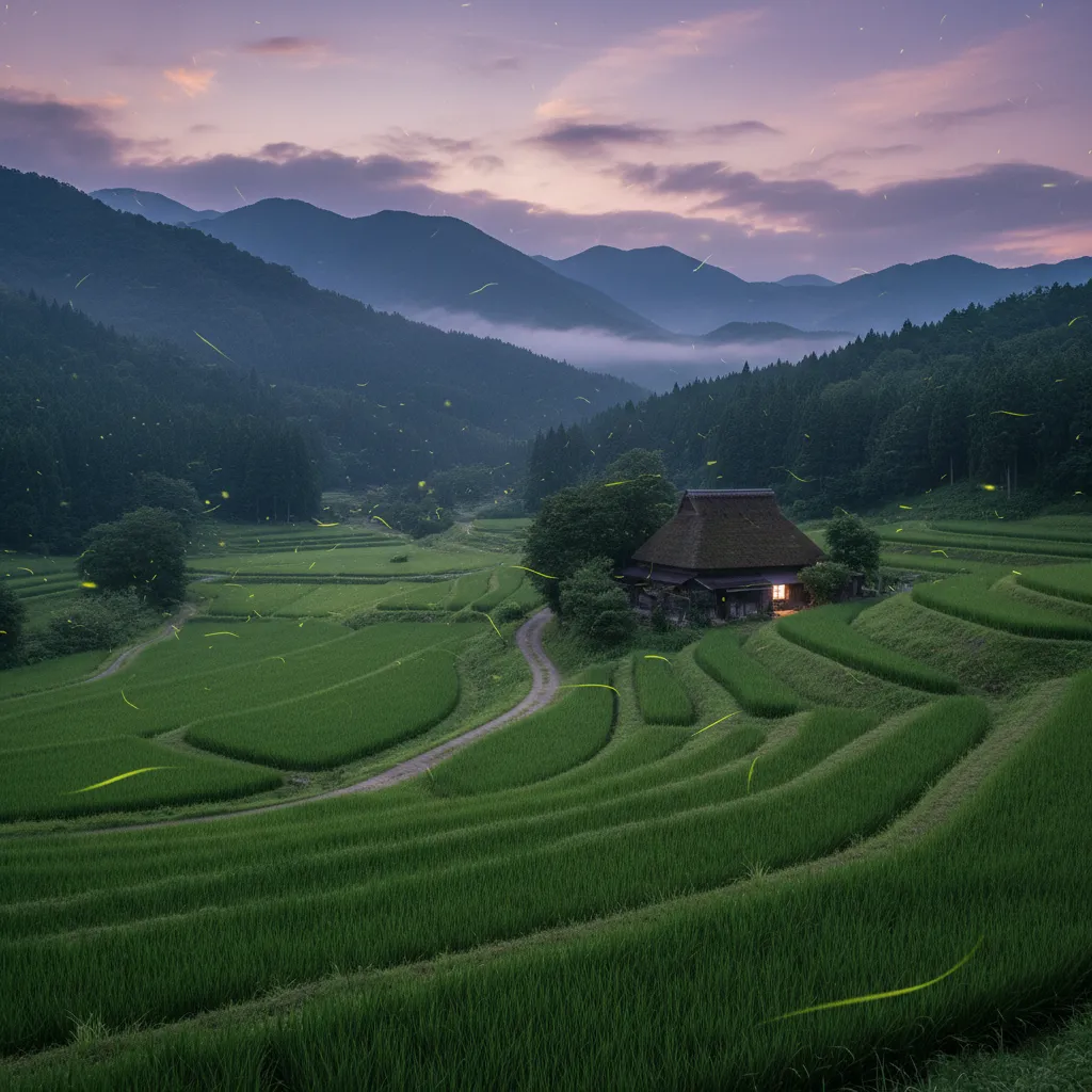 Lush green rice terraces and fireflies in Tohoku summer