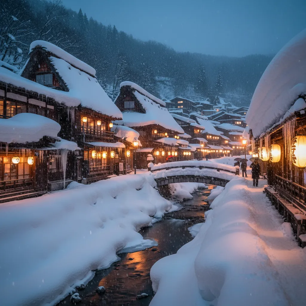 Snow-covered Ginzan Onsen village with glowing lanterns